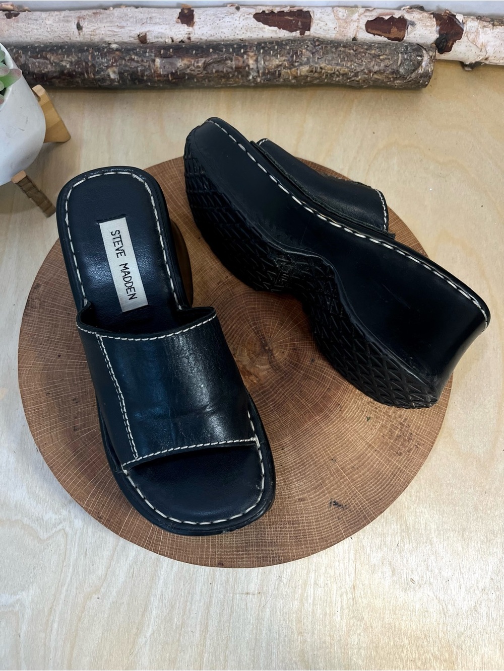 Steve Madden Vintage Ignite Platform Wedge Slides - Black Leather - Size 6.5B - Picture 6 of 16